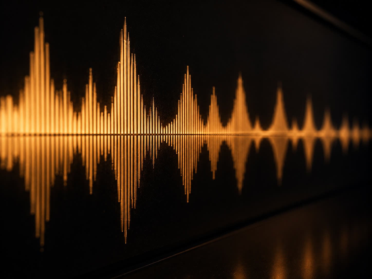 An audio waveform rendered in amber light