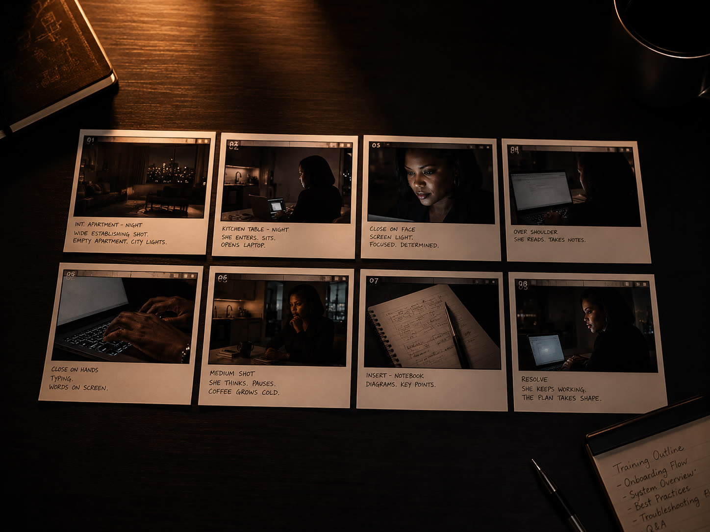 An eight-scene storyboard laid out on a desk
